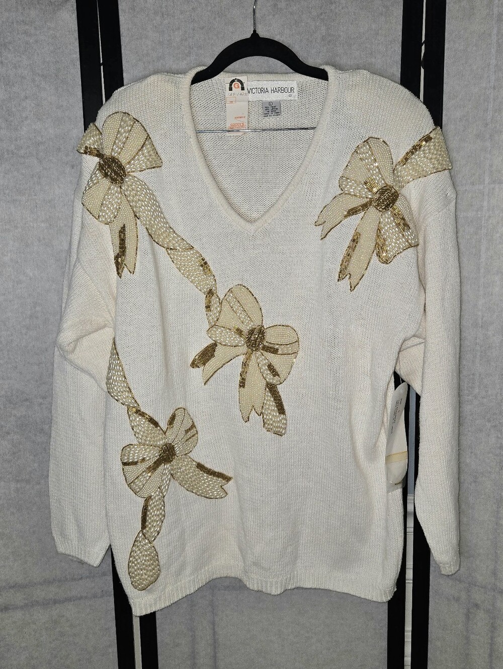Vintage NWT Cream Beaded Gold Bows Loose Knit Sweater Size Large Holiday Mini